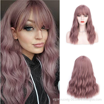 Purple Color Long Wavy Middle Part Hair Heat Resistant Cheap Wig With Bangs Synthetic Fiber Hair Wigs For Women